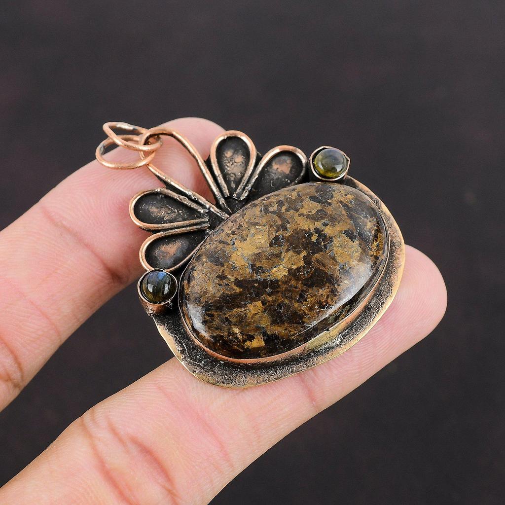 Подвеска из бронзита, подвеска из лабрадорита, медная подвеска, эффектная подвеска, оригинальная подвеска из драгоценного камня, медные украшения ручной работы, подарок на помолвку