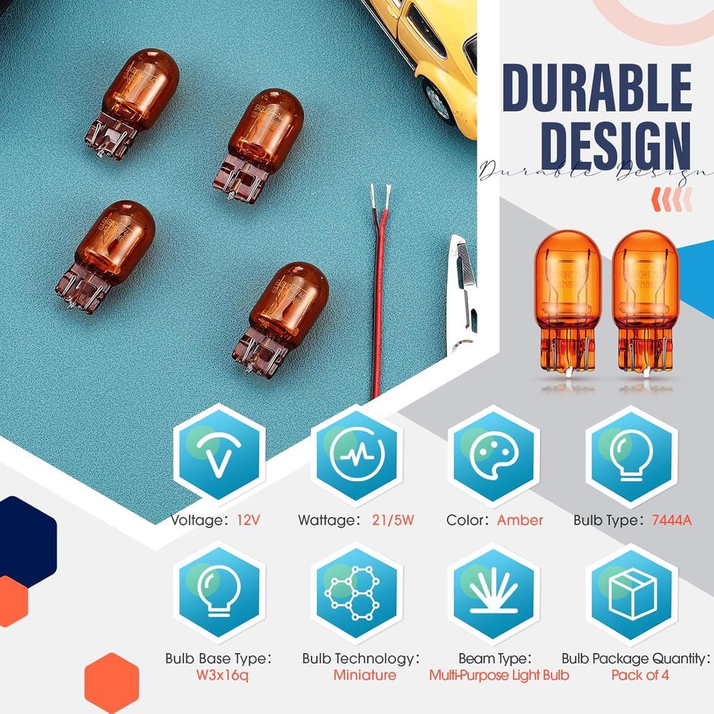 Комплект из 4 светодиодных ламп 7444NA 7444NA Долговечные миниатюрные лампы Янтарный T20 12 В 21/5 Вт Автомобильное освещение Фонари заднего хода Стробоскоп Стоп-сигнал Задний фонарь Указатель поворота