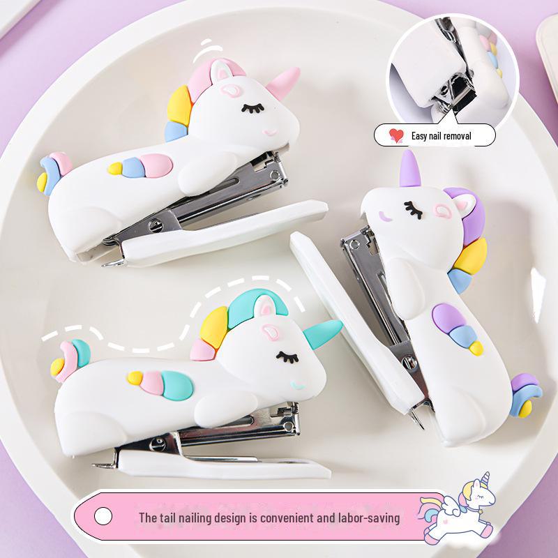 Creative Cartoon Unicorn Mini Stapler - Cute Macaron Colors, Student Stationery, Labor-Saving Binding Machine