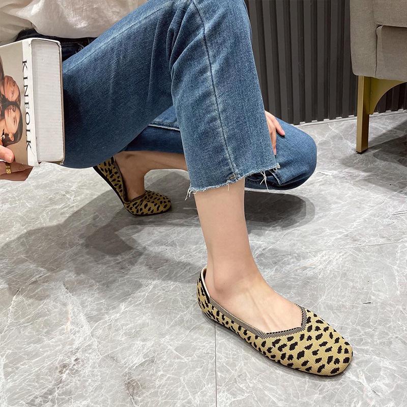 Square Head Single Shoes Women'S Shallow Mouth Flat Bottom European And American Style Shoes Knitted Shoes Soft Sole Knitted Shoes Women