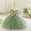 Платье для девочки-цветочницы цвета авокадо с аппликацией и пышной юбкой