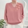 Spring Summer Women's Thin V-Neck Sweater 3D Flower Loose Fit Three-Quarter Sleeve Plus Size Sweater Solid Color Pullover Ice Silk Knit Top