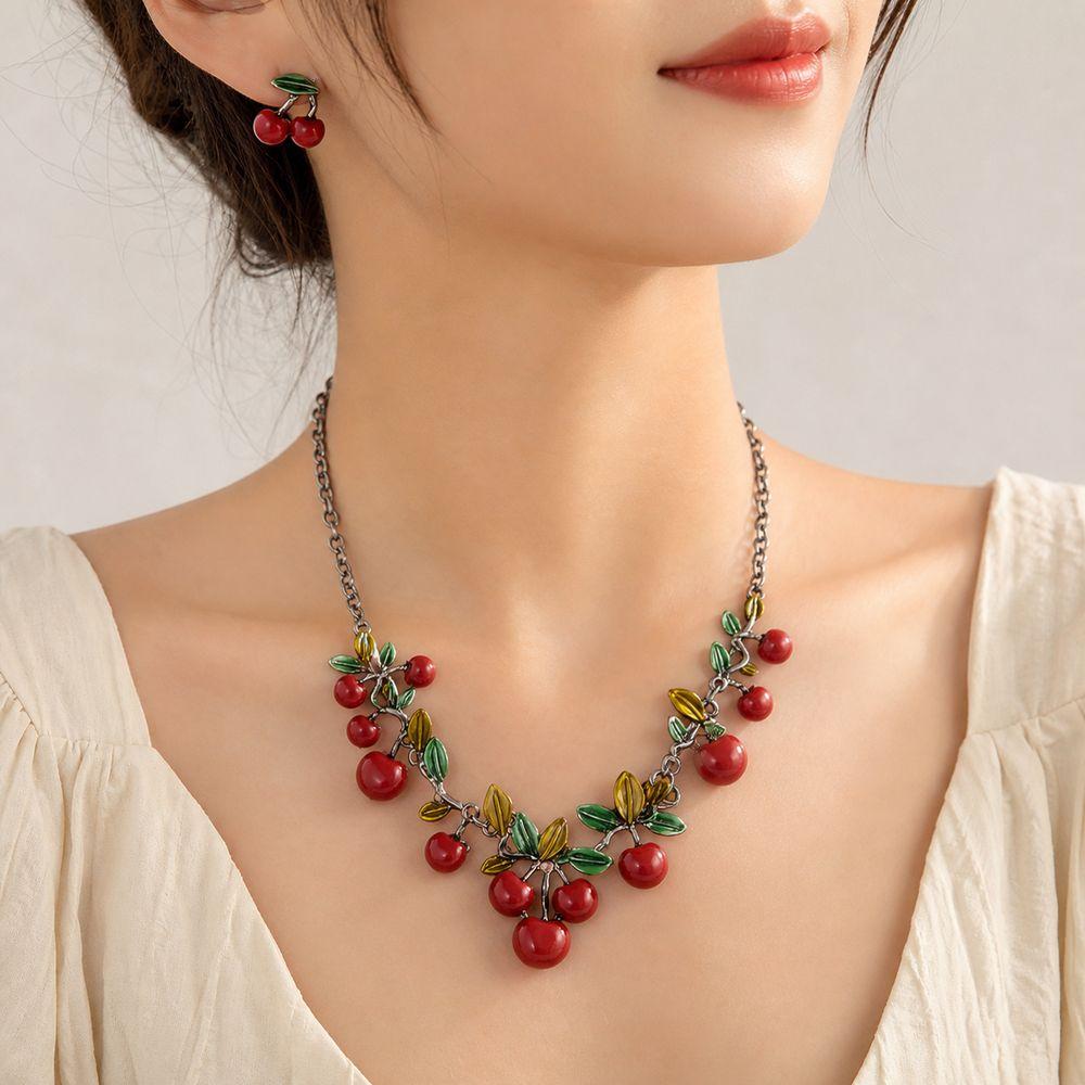 Dangling Charms Cherry Necklace Set Red Collarbone Necklace New Necklace Earring Set  Daily Outfits
