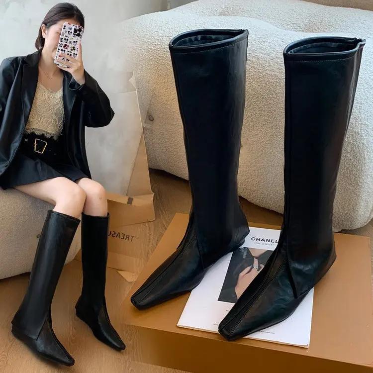 Остроносые туфли на плоской подошве, женские высокие сапоги, дизайнерская мода, повседневная прогулочная кожаная обувь, 2024, новый тренд, зимнее платье, челси, Botas Mujer