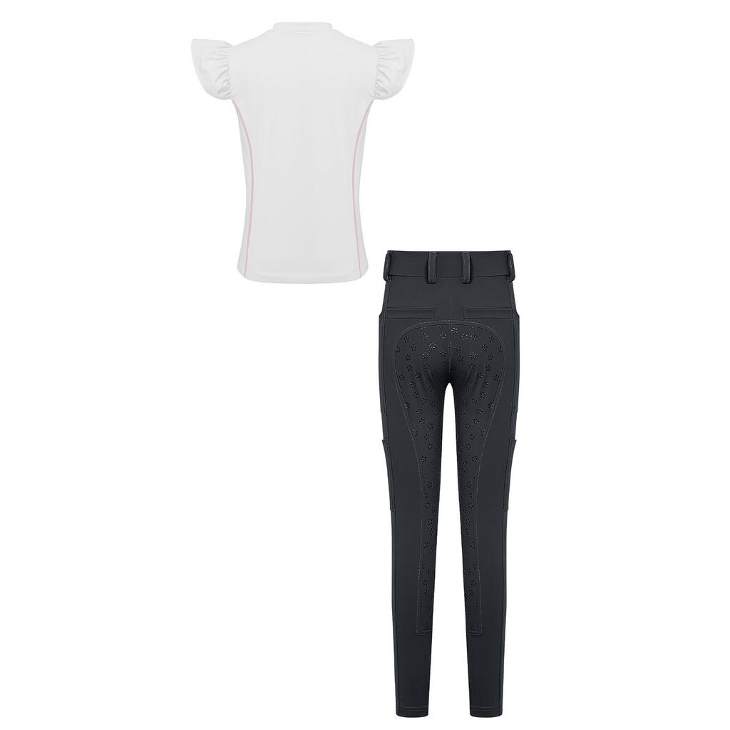 Girls Equestrian Riding Zip Up Stand Collar Ruffled Sleeves Contrast Trim Top Anti Slip Full Seat Breeches Outfit