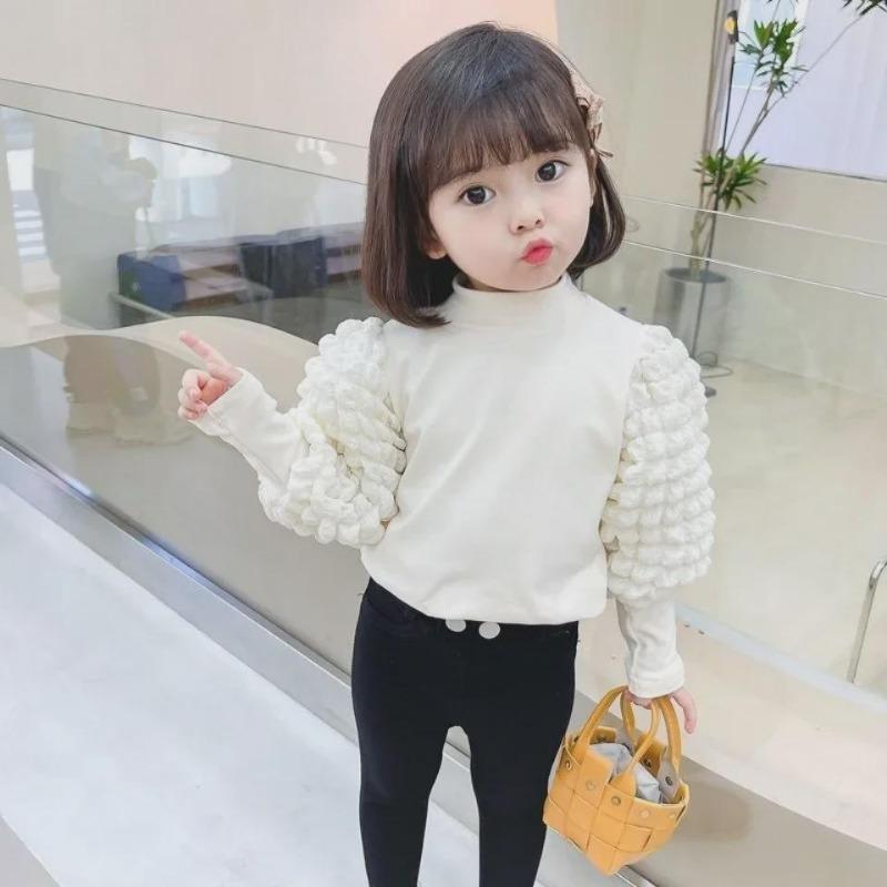Girls' Thickened Puff Sleeve Long-Sleeve T-Shirt, Half-High Collar, Spring/Autumn 2024, Baby & Toddler Top
