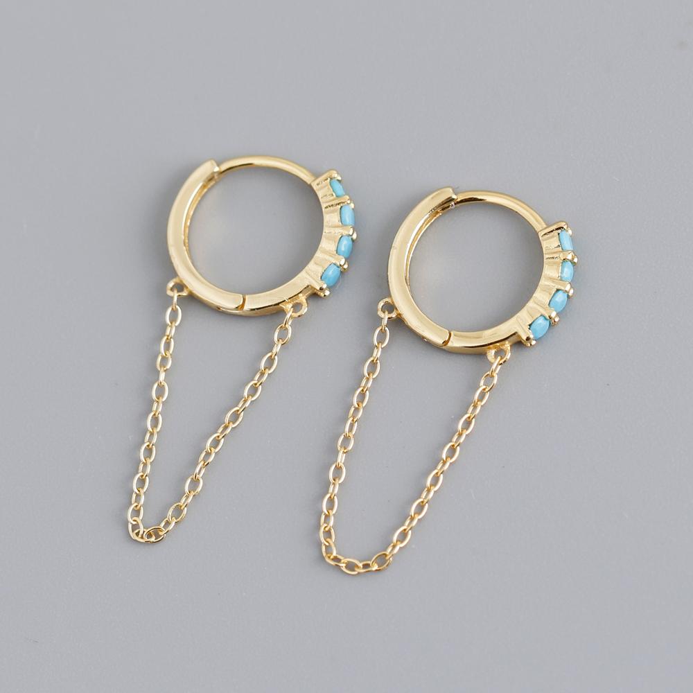 Fashion 925 Sterling Silver Tassel Round Black Green Stone Hoop Earrings for Women Gold Plated Silver Jewelry