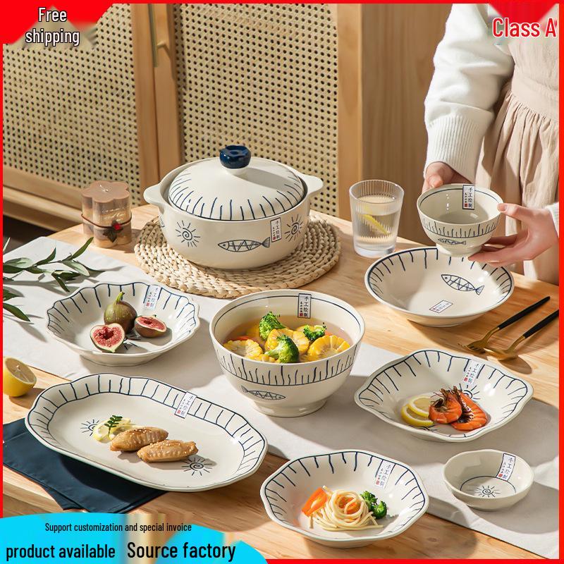 Japanese Ceramic Tableware Set: Rice Bowls, Plates, & Dishes for Restaurant Use