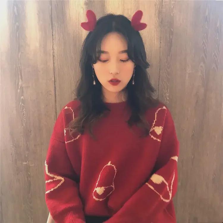 Women's Red Jacquard Christmas Sweater: Autumn Style, Round Neck, Long Sleeve Knit Pullover