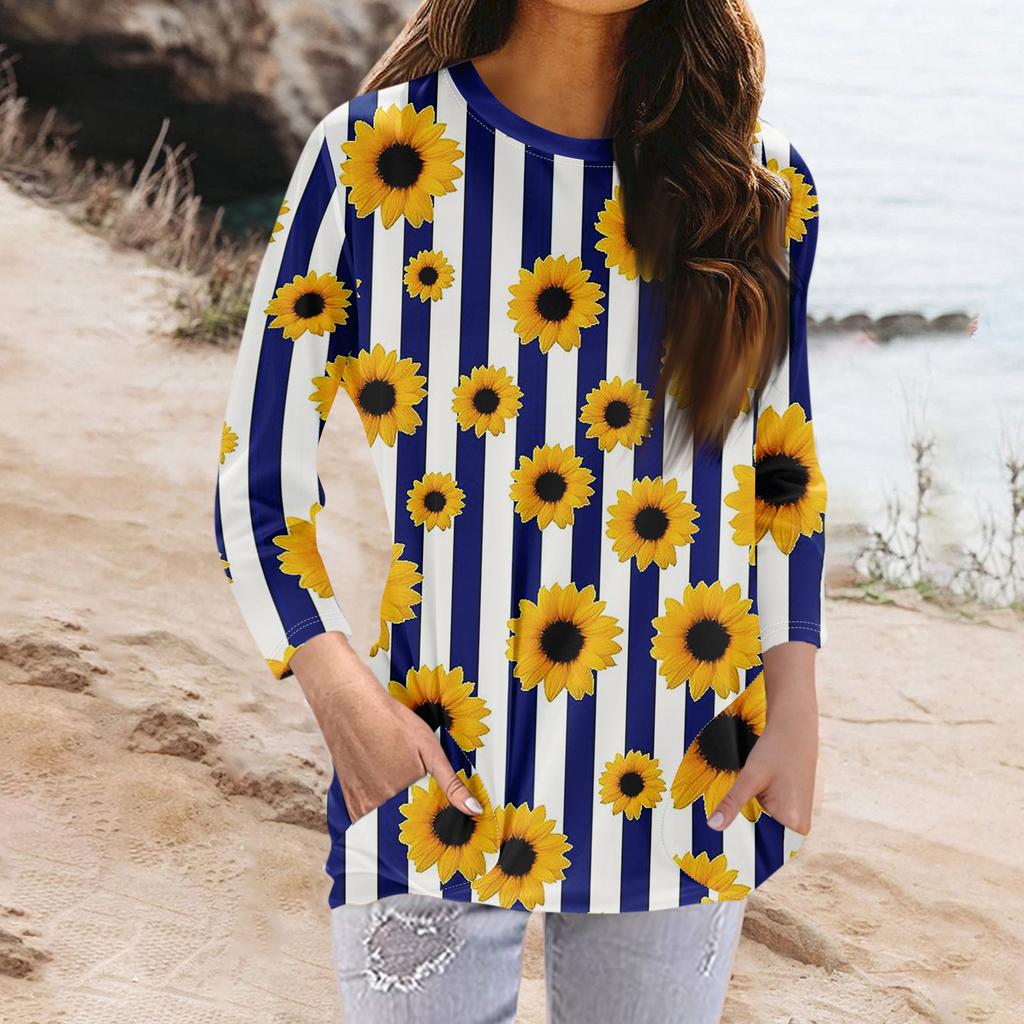 Women's Fashion Casual Round Neck Print 3/4 Sleeve Pocket T-Shirt Top