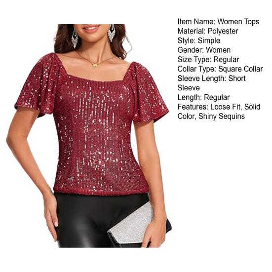 Women Tops Square Collar Puff Short Sleeve Sequin Tops Glitter Sparkling Party Blouse Evening Party Tops