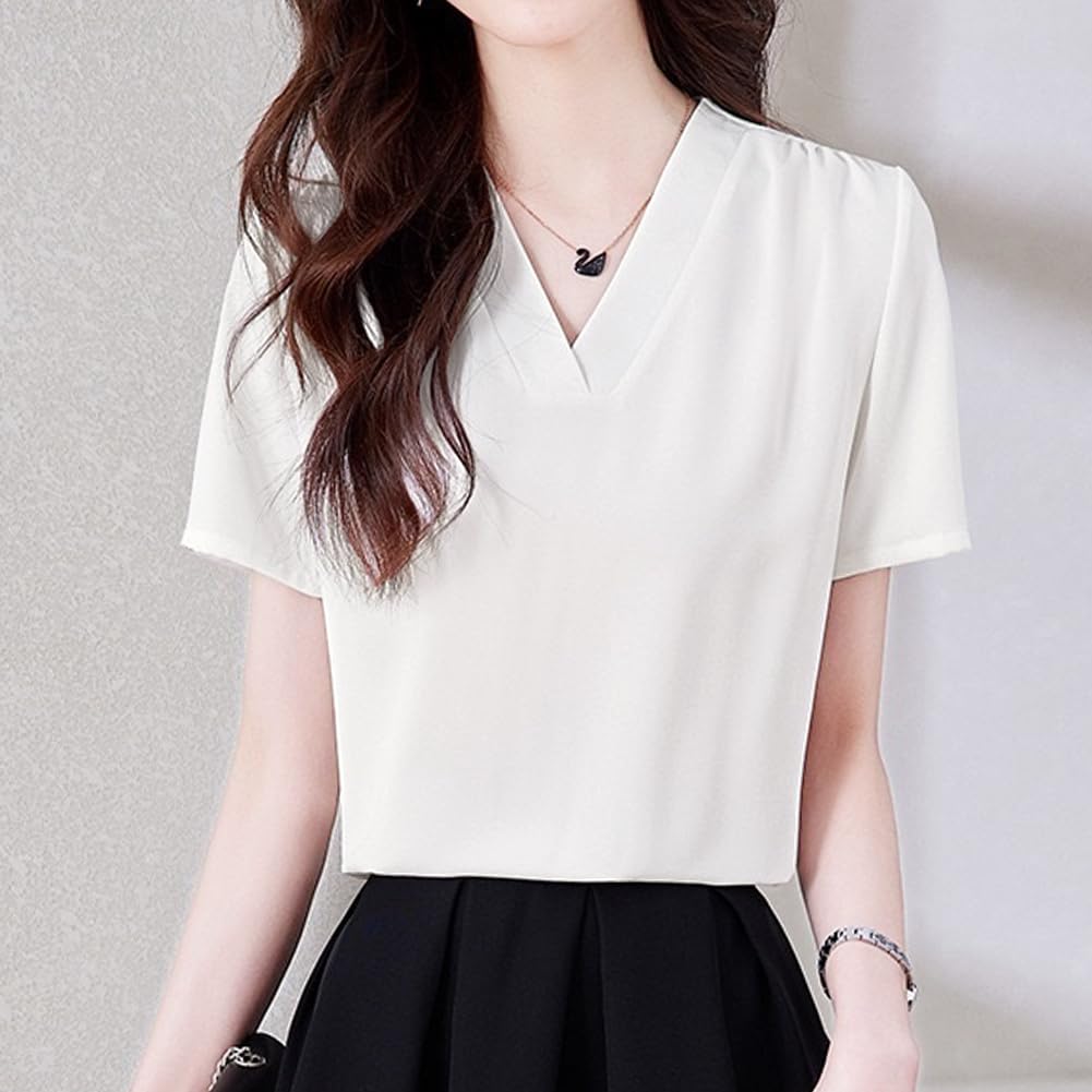 Sueeya Shirt Blouse for Short Summer [Sueeya] Women, Sleeve, V-Neck, Tuck, Body-Concealing, Slimming, Plain, Stylish, Clean, Versatile, Casual,