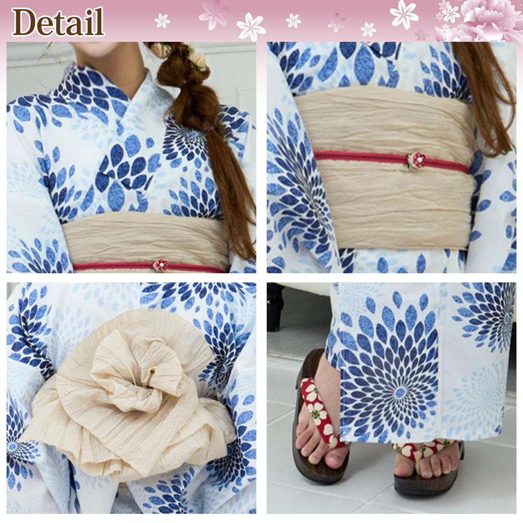 RAVIR Yukata Set with Large Blue Chrysanthemums On a White Fluffy Obi and Geta Sandals Size Fits Women's 3-Piece Background, Belt, (One All)