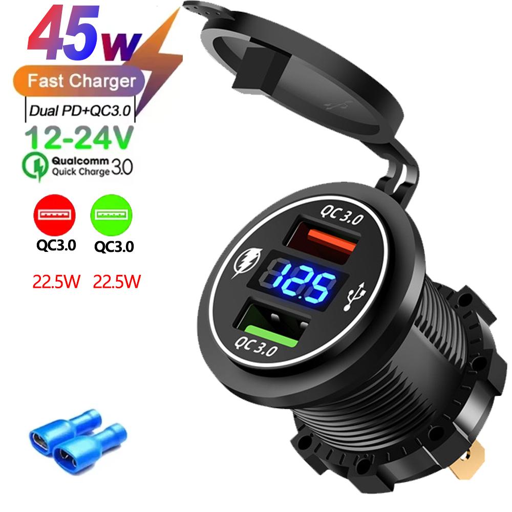 Автомобильное зарядное устройство USB с 2/3/4 портами PD QC 3.0 с вольтметром, адаптер розетки, водонепроницаемый для 12 В / 24 В автомобиля, квадроцикла, лодки, горячая распродажа