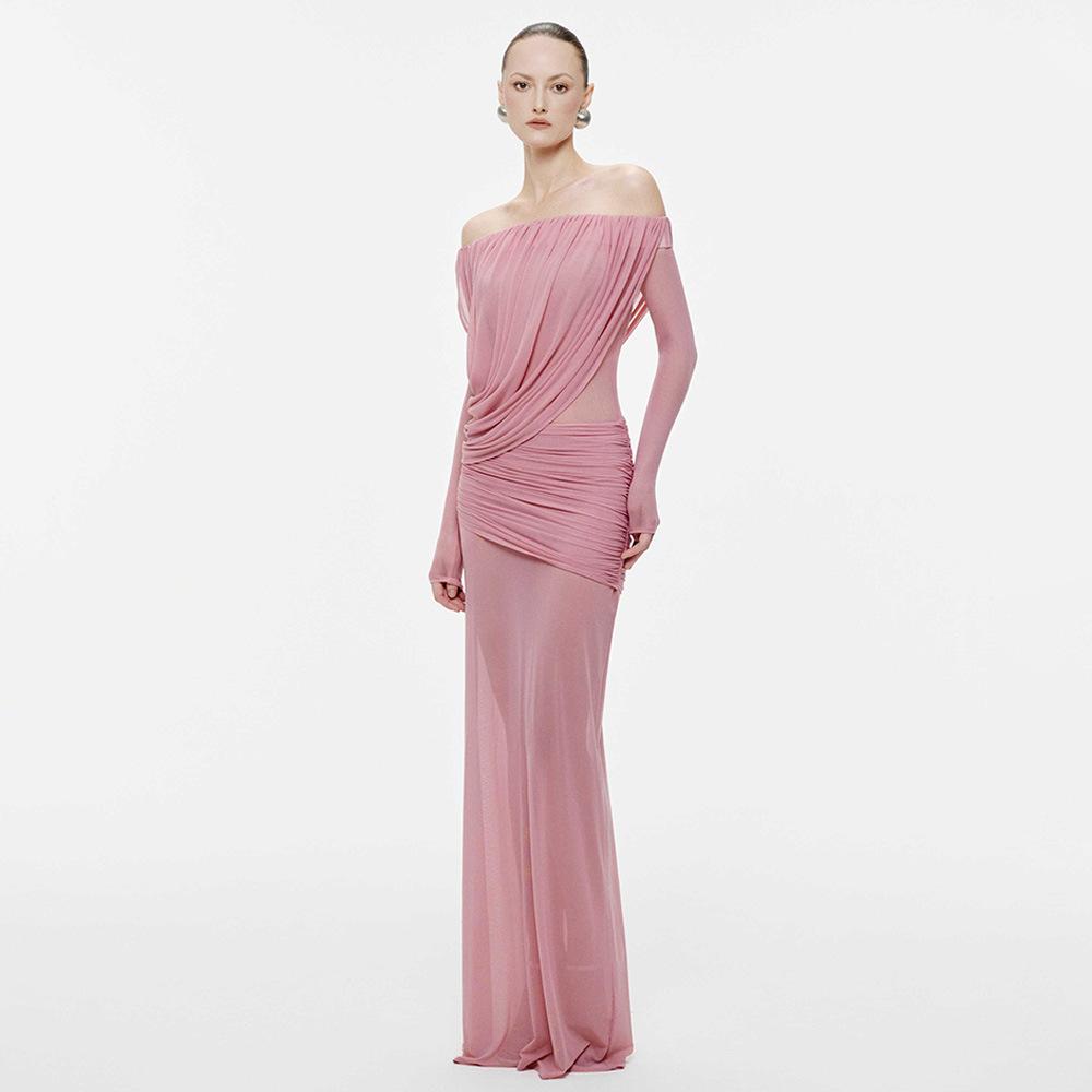 European and American hot-selling pendant mesh yarn one-word shoulder Spice Girl perspective pleated long dress sexy slim temperament dress dress