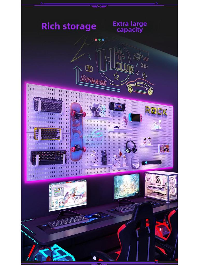 Perforated Wall Shelf for Gaming Room - Hook & Decor Storage Solution (Punch-Free Installation)