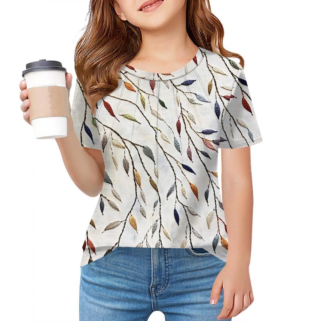 Детская футболка Fold A для девочек, летняя модная куртка с круглым воротником и цветочным принтом с короткими рукавами