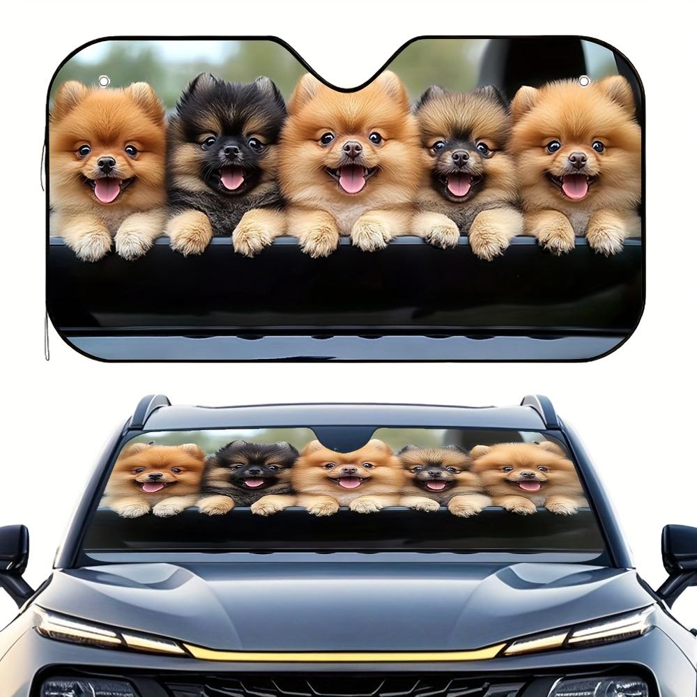 1pc Cute Pomeranian Dog Design Car Sunshade - Foldable Universal Front Windshield Shade With 4 Suction Cups, Polyester UV Protec