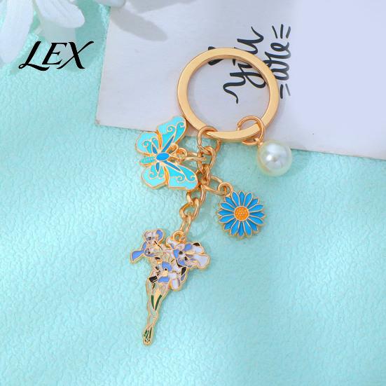 Keychain Pendant with Round Imitation Pearls, Flower Butterfly Enamel Charm Backpack Key Ring, Pastoral Style Layered Holder Strong Chain Keyring