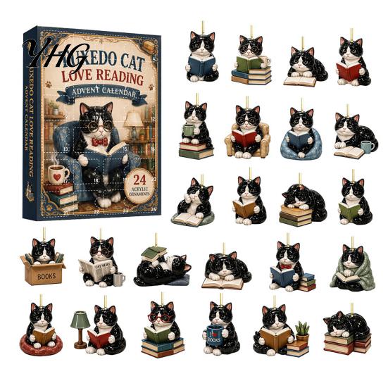 Decorative Gift for Christmas 24 Days Advent Calendar 2026, 2D Acrylic Reading Cats/Dogs/Forest Animals Miniature Animal Collectibles Ornament