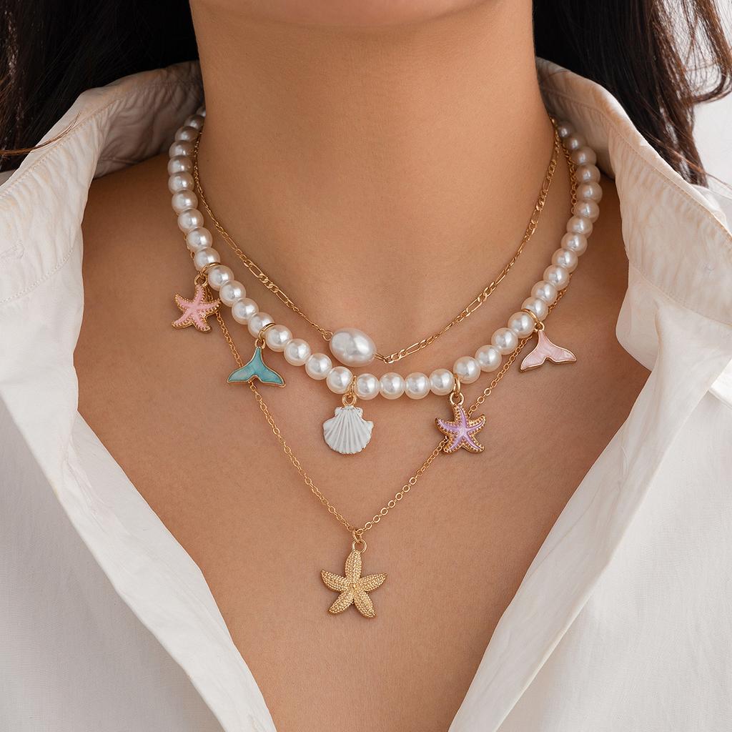 Ocean Starfish Shells Pendant Mulitlayer Choker Necklace For Women Imitation Pearl Party Jewelry Accessories