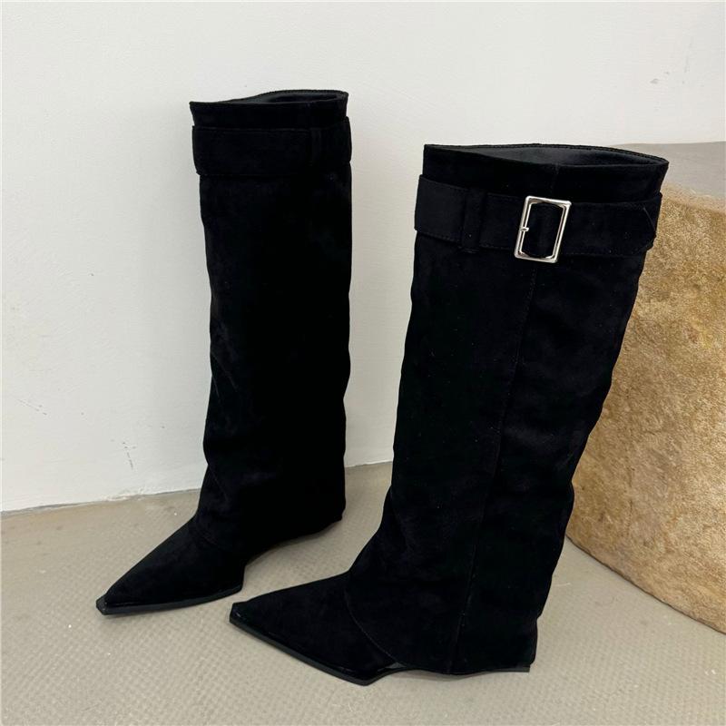 2025 Autumn and Winter New Pointed Toe Heel Pants Boots Internet Celebrity Suede Versatile Knight Boots