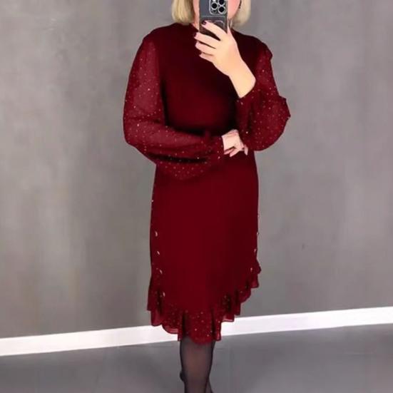 Women Midi Dress Long Mesh Balloon Sleeve with Dot Printing Ruffle Hem