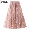 Qooth Женская элегантная тюлевая юбка-пачка с цветочным принтом, новая офисная женская сетчатая плиссированная юбка на весну и лето QT2326