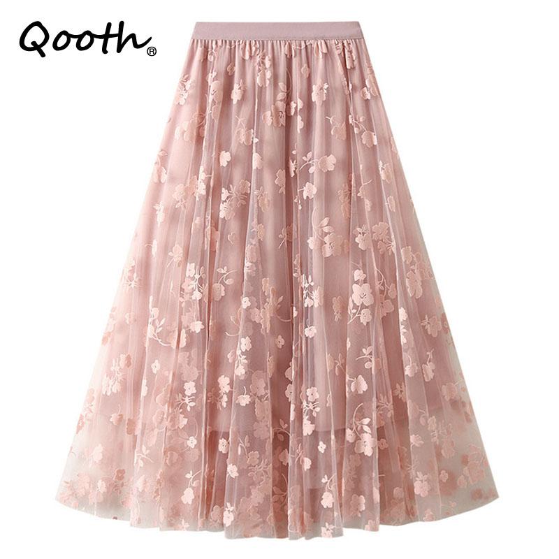 Qooth Женская элегантная тюлевая юбка-пачка с цветочным принтом, новая офисная женская сетчатая плиссированная юбка на весну и лето QT2326