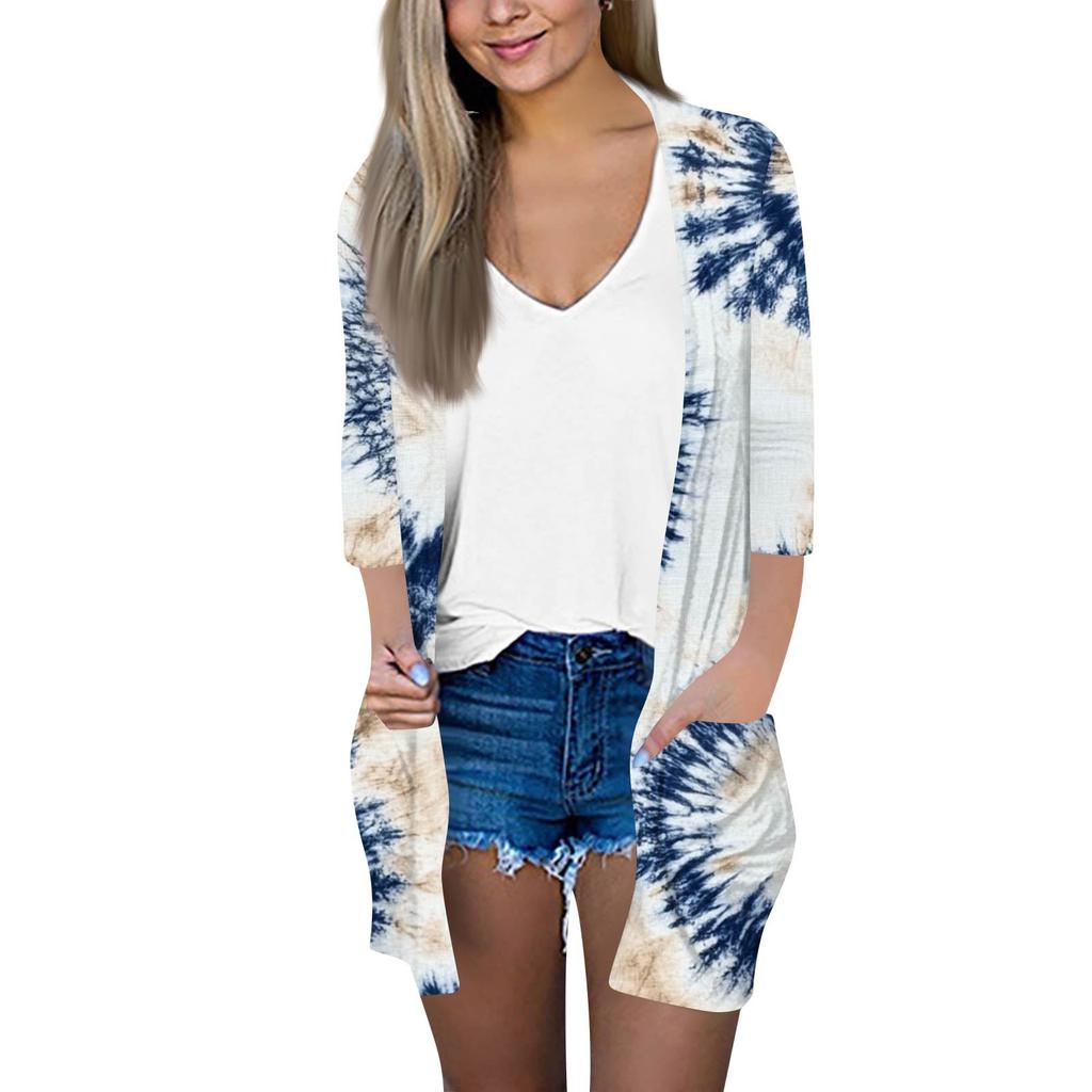 Женский модный свободный повседневный кардиган с принтом и карманами, куртка с рукавом семь восьмых, топ