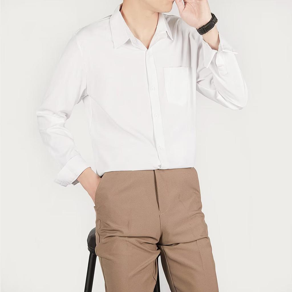 High End Casual Solid Color Long Sleeved Shirt No Ironing Loose Hanging Feeling Shirt Men's Handsome Top