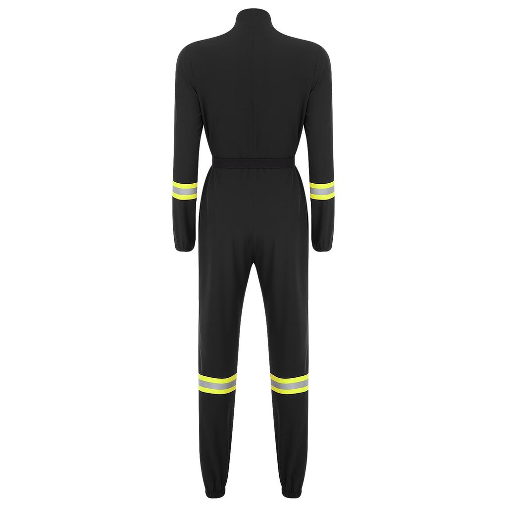 Complete Firefighter Outfit for Women S-3XL: Long Sleeve Belted Romper with Stand Collar, Halloween & Club Party Costume
