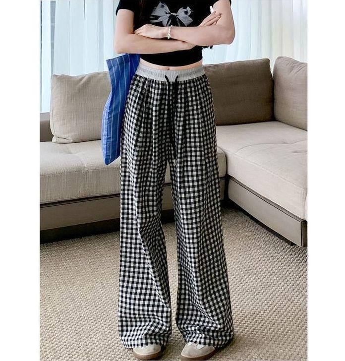 2025 Girls' Pink Plaid High-Waisted Loose Fit Yamamoto Pants: Retro Wide-Leg for Spring/Summer