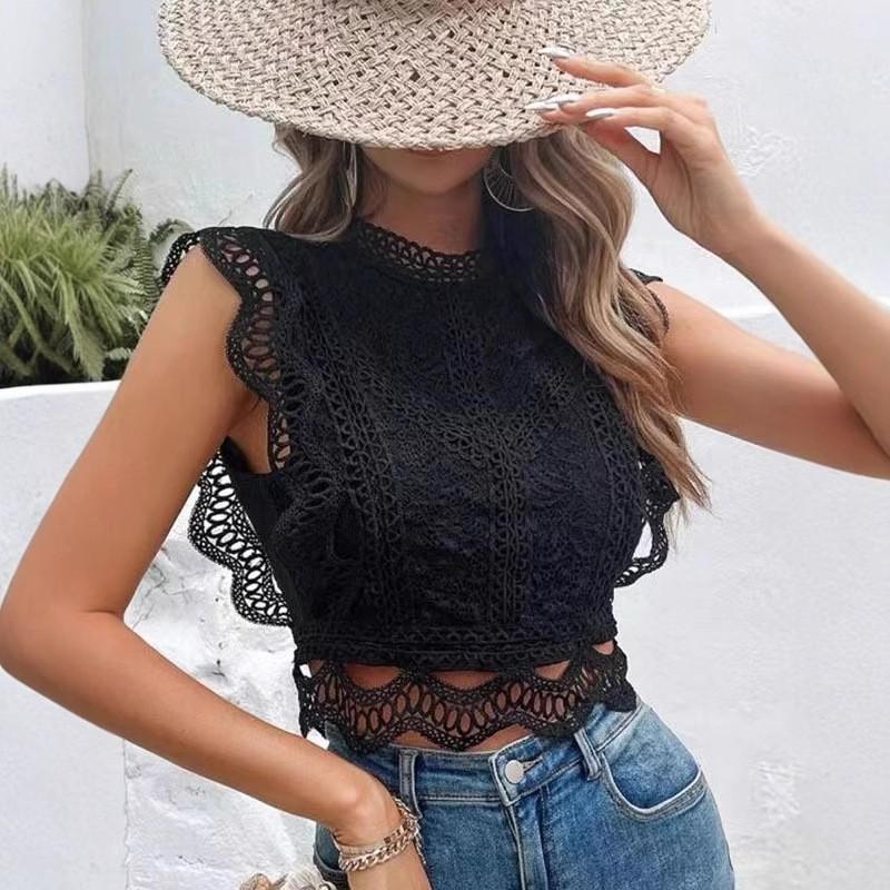 Women Sexy Hollow Out Solid Geometric Lace Cropped Chiffon Blouse