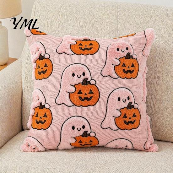 Holiday Throw Pillow Covers Ghost Pumpkin Cushion Cover, Halloween Cute Cozy Bedroom Cover Embroidered Case, Soft Plush Pillowcase for Couch Sofa Gift
