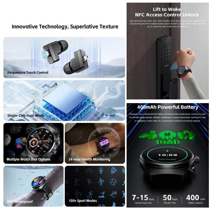 Два в одном умные часы Bluetooth Dual Call Music Health Sports Headset Watch