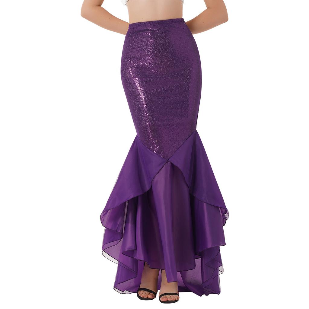 Women Shiny Sequin Fish Tail Long Maxi Dress Halloween Cosplay Theme Party Costume