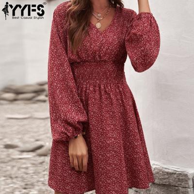 Женская мода весна-осень с принтом в горошек, длинным рукавом, V-образным вырезом, высокой талией, повседневные платья