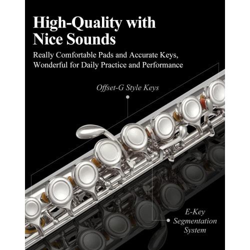 Eastar Flute, 16-Hole, Covered Keys, E Mechanism, Offset, Nickel-Plated, with Stand and Case, Beginner's Set (Silver), Perfect for School Openings