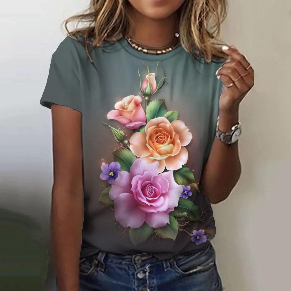 Летний топ с круглым вырезом и 3D-цветочным принтом, модные повседневные женские футболки с короткими рукавами