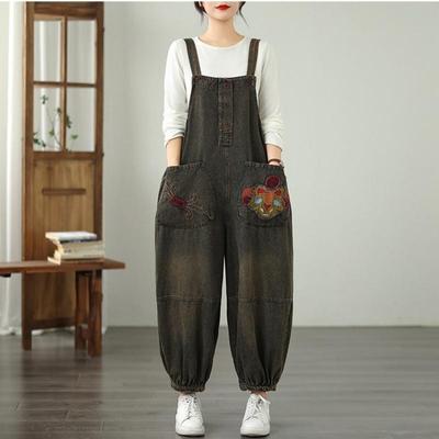 Большой размер винтажный с высокой талией повседневный свободный женский весенне-осенний джинсовый комбинезон джинсы широкие брюки комбинезон