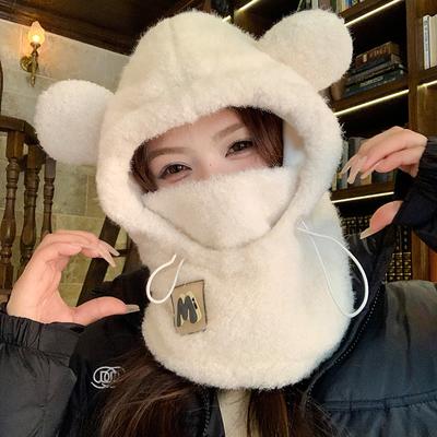 Милая зимняя утолщенная плюшевая шапка-маска с медвежонком, женская осенне-зимняя защита от холода, защита ушей, шапка для велоспорта