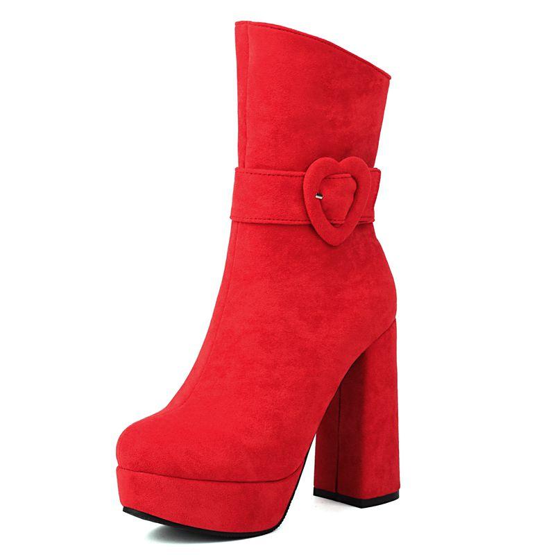 Женские ботильоны из флока и замши с круглым носком, на блочном высоком каблуке, на платформе, на каблуке-рюмочке, с пряжкой, больших размеров 43 44 Bota