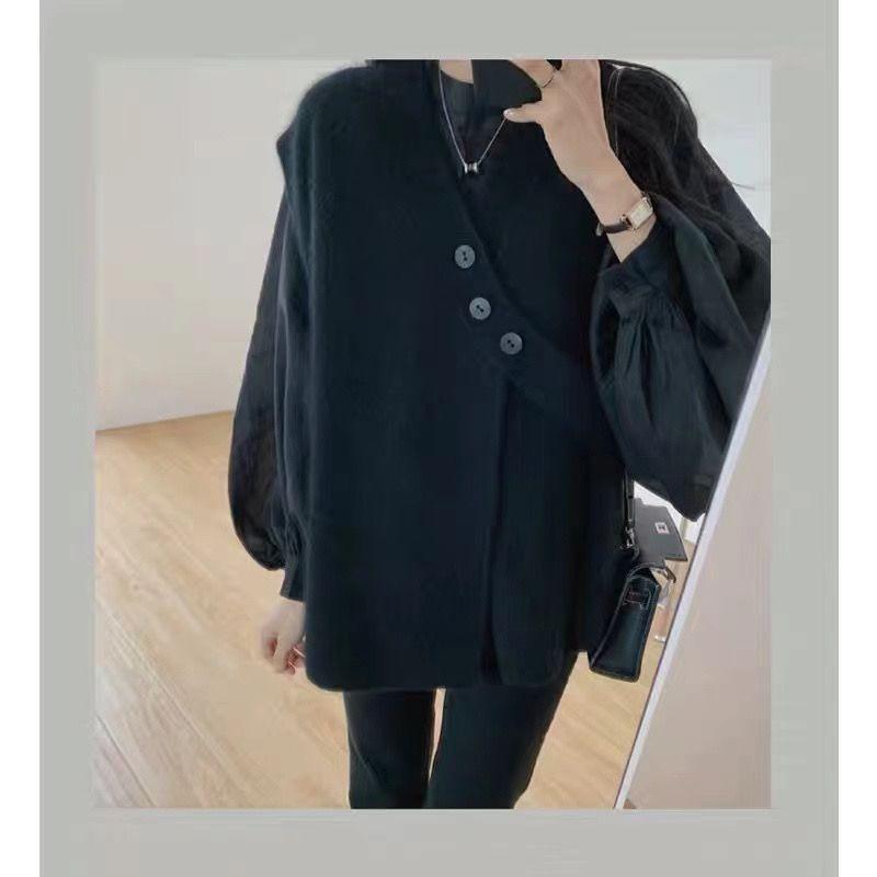 Дизайн косой пуговицы V-образный вырез вязаный жилет кардиган женский корейский вариант свободный ленивый безрукавный свитер жилет верхняя одежда жилет женский