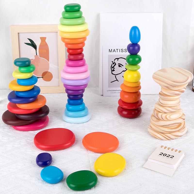 Wooden Montessori Rainbow Pebbles Stack Block Toys Nordic Style Gradient Stacking Stone Balancing Game DIY Educational Kids Toys