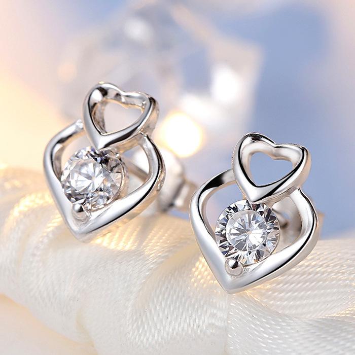Серьги-пусеты из стерлингового серебра S925 в корейском стиле в форме сердца с цирконом для женщин