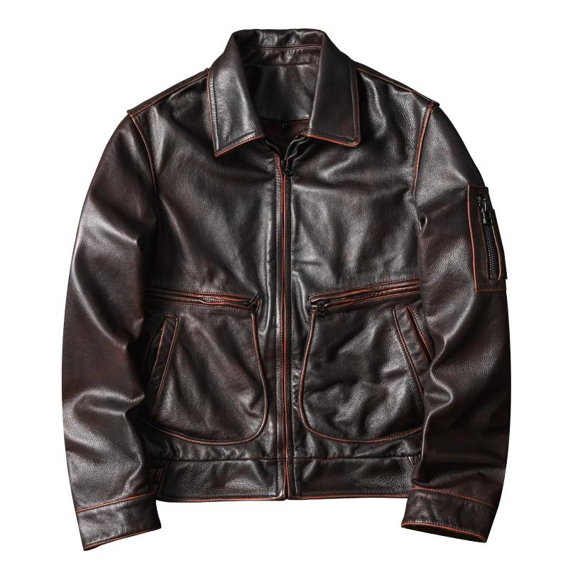 Винтажная потертая куртка-пилот из натуральной кожи для мужчин, большой размер, коричневое пальто-авиатор