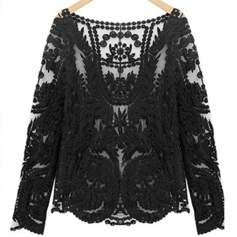 Ethnic Lace Basic Shirt Female Long-sleeve Slim Top Women Retro Slim Summer Shirt Pullover Hollow Out Black Lace Blouse
