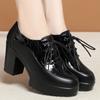 Fashion Deep Mouth Soft Leather Shoes Women Oxfords Platform Pumps High Heels Shoes Black Lace Up Office Work Pumps Shoes Comfortable