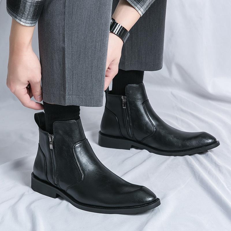 Chelsea Boots Men's British Style Korean Version Inner Height Increase Short Boots High Sense Fashion Leather Boots Hair Stylist Martin Boots
